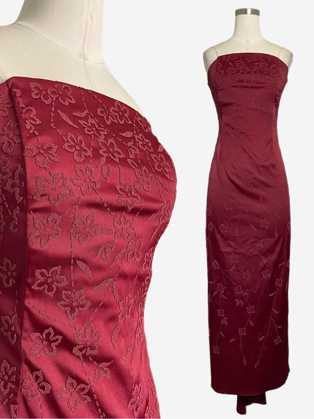 Vintage 90s Sally USA red burgundy floral beaded strapless gown prom formal XS